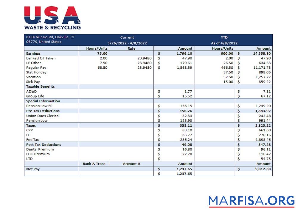 Downloadable USA Waste & Recycling recycling company pay stub template